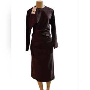ZARA Chocolate Brown Ruched Midi Dress – Size M (NEW w/ Tag)